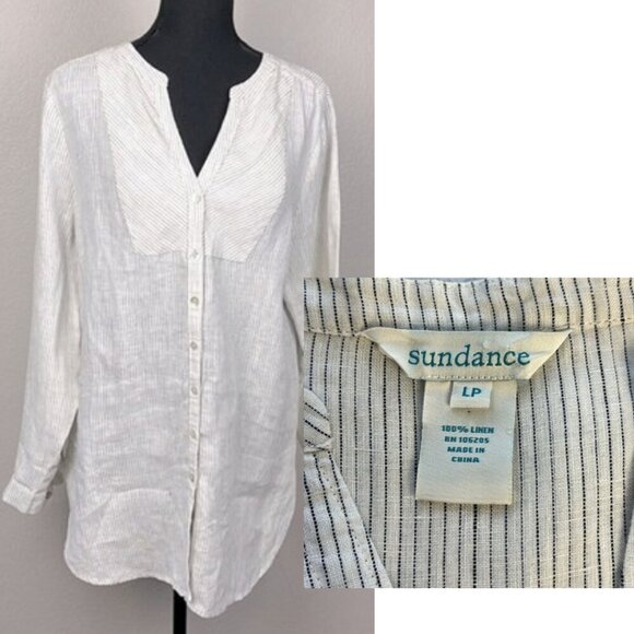 Sundance Linen Tuxedo Bib Tunic Top Stripe Long Sleeve Button-up Cream Blouse LP - Picture 3 of 8